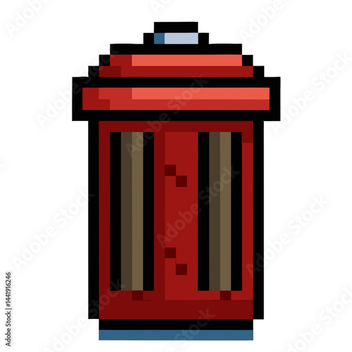 pixel art red rubbish bin trash can with lid and vertical accents