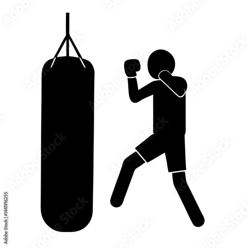 Black Silhouette Boxer Training With Punching Bag Fitness And Strength Illustration