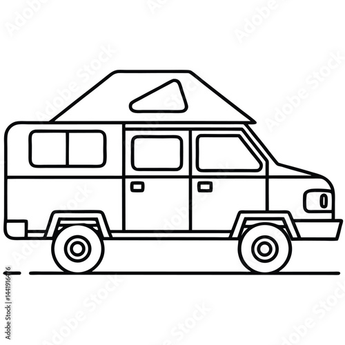 Camping Vehicle RV, camper van, trailer, roof tent vector Silhouette Line art illustration 