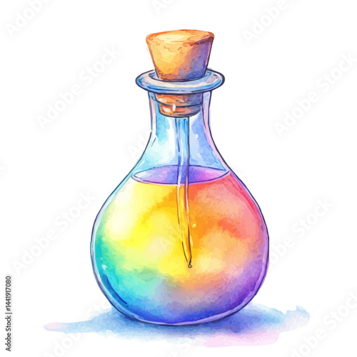 mysterious glass vial with glowing liquid, watercolor drawing, isolated on a white background. mysterious glass vial with glowing liquid vector.