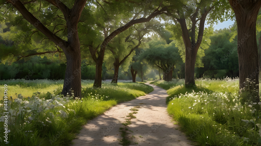 Peaceful forest path with wildflowers in spring light Peaceful forest path with wildflowers in spring light