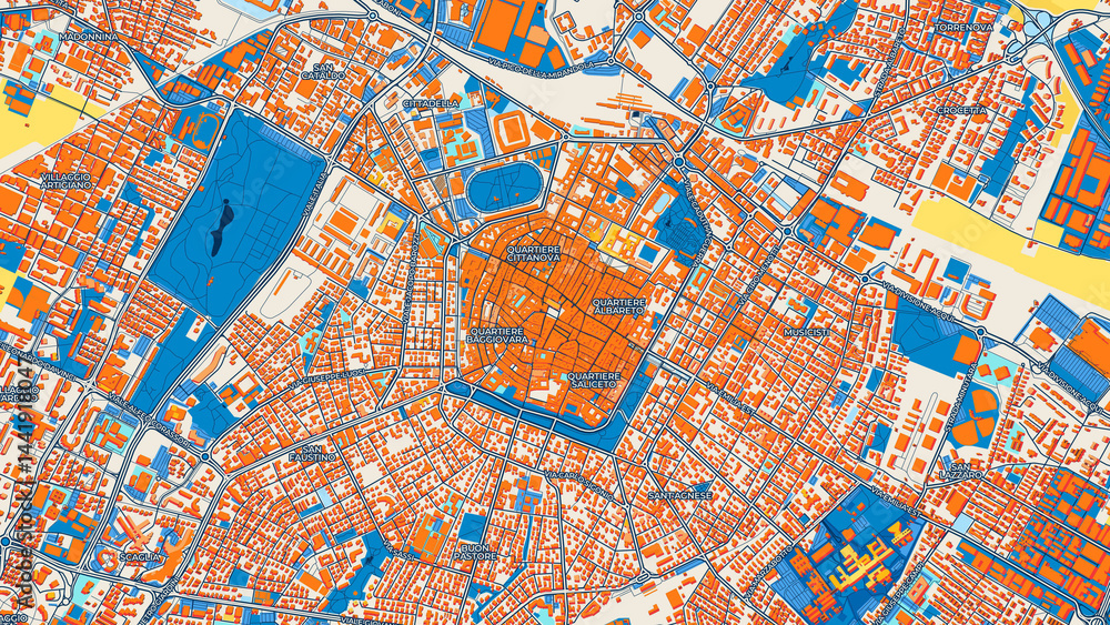 Obraz premium Colorful Modena Street Map with Labels and Buildings