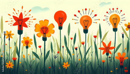 Creative Garden: Illustration where plants and flowers have shapes of different ideas (bulbs, notes, brushes), creating an image of a blooming garden of creativity.