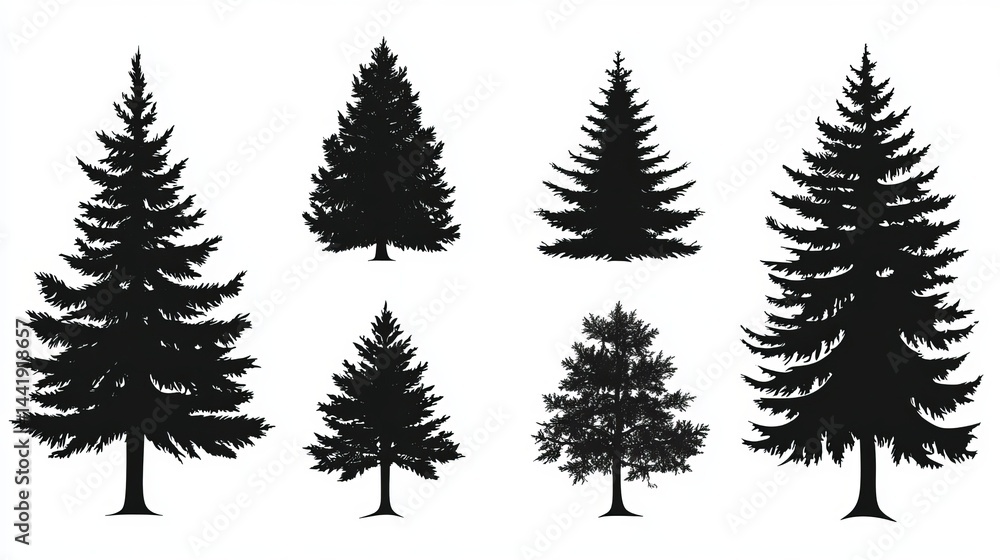 Obraz premium Collection of six evergreen tree silhouettes black and white vector illustration fir set art pine
