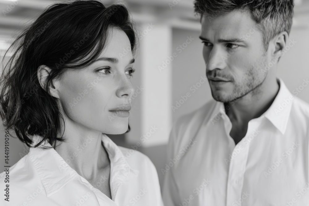 A striking black and white photograph featuring a couple in close proximity, conveying deep emotion and connection through their expressive gazes and subtle facial details. A striking black and white photograph featuring a couple in close proximity, conveying deep emotion and connection through their expressive gazes and subtle facial details.