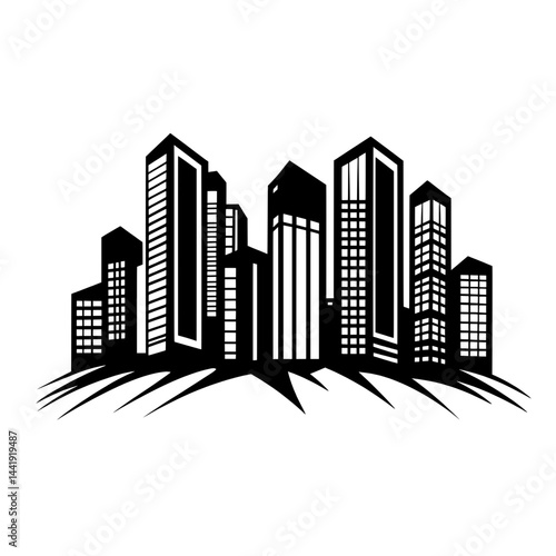 Silhouette of a modern city skyline with tall buildings and minimal base lines in black vector style
