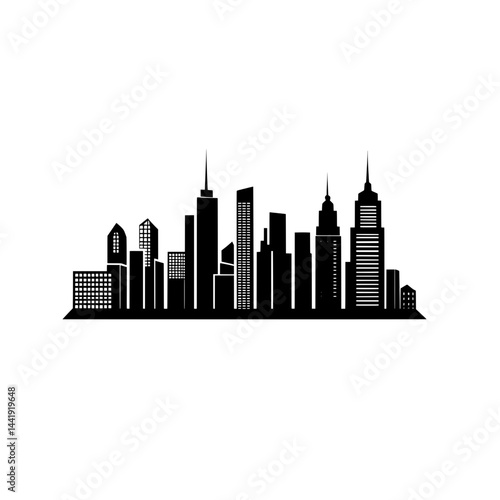Detailed silhouette of a modern city skyline with tall buildings and towers in black vector style