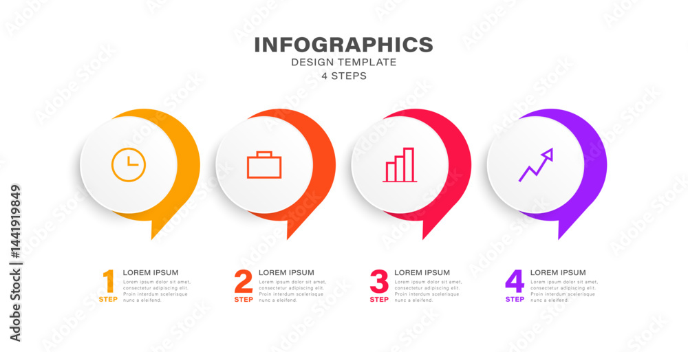 Fototapeta premium Four steps infographic design template with four options and icons. Speech bubble infographic design with place for data