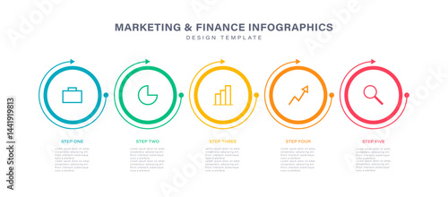 Five steps or options vector infographic template with icons and text. Infographic design for business or marketing presentations or reports