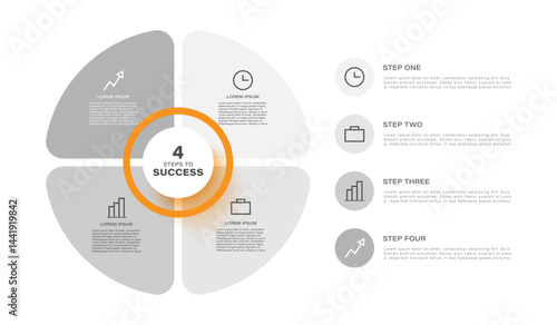 4 Part Pie Chart Infographic Design Vector Template. Mockup with Icons and Place for Data