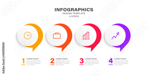 Four steps infographic design template with four options and icons. Speech bubble infographic design with place for data