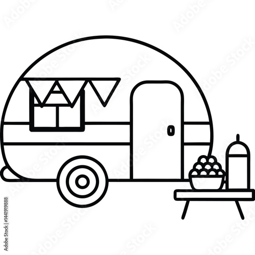 Camping Vehicle RV, camper van, trailer, roof tent vector Silhouette Line art illustration 