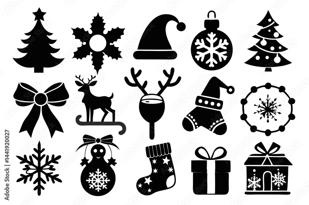 Fototapeta premium Christmas black and White Icon Set silhouette And White Background