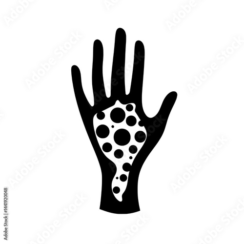 Stylized black hand with circular dot patterns representing biometric or abstract human identity concept