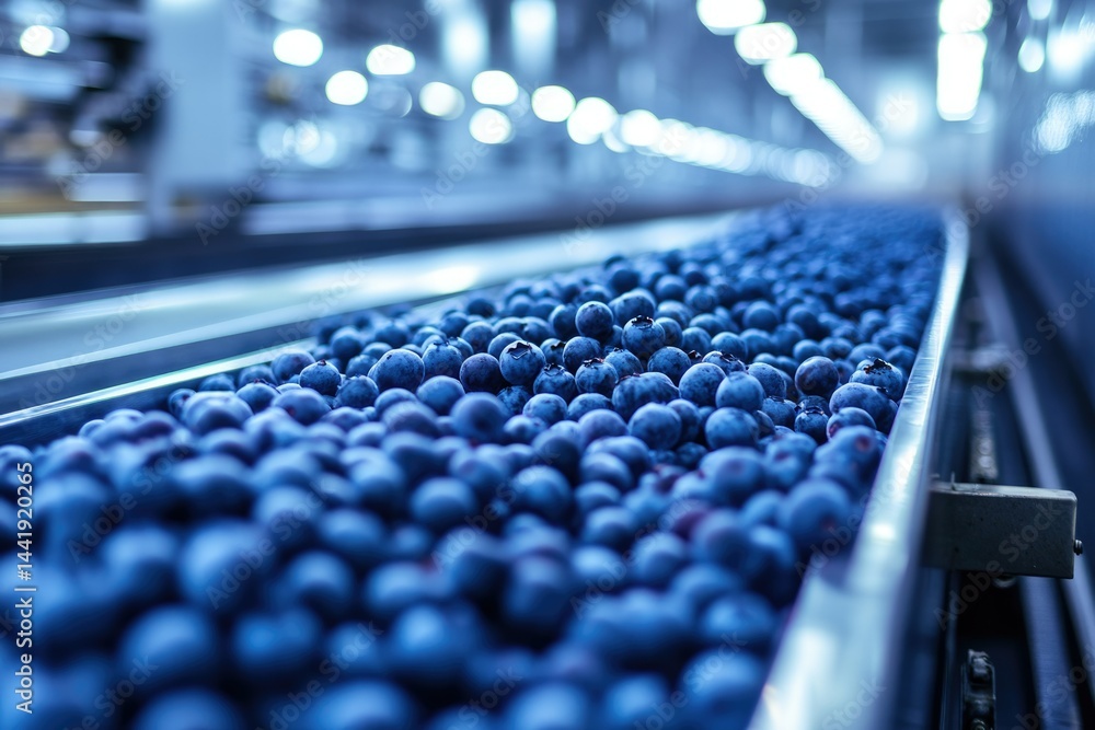 Fototapeta premium Blueberries moving on a conveyor belt in a food processing plant.