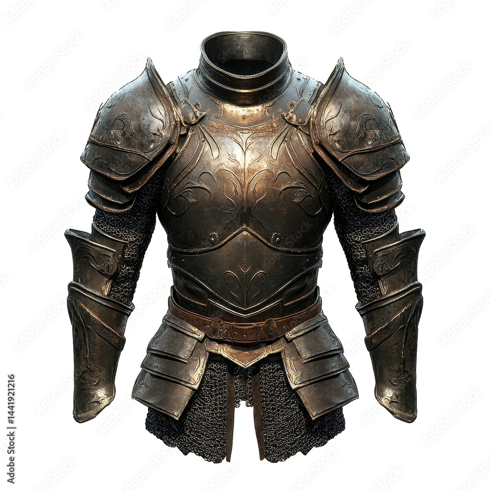A detailed illustration of a complete medieval suit of plate armor. A detailed illustration of a complete medieval suit of plate armor.