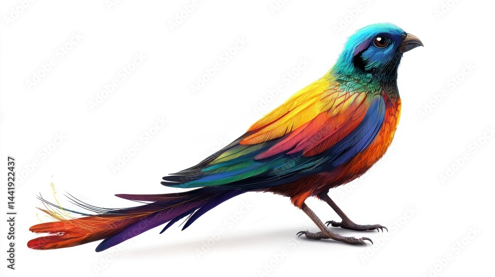 Fototapeta premium A colorful bird from fantasy art, standing against white