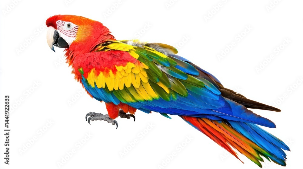 Fototapeta premium A colorful parrot resting on its feet, isolated on white
