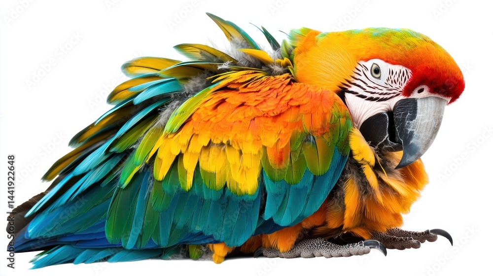 Obraz premium A colorful parrot resting on its feet, isolated on white