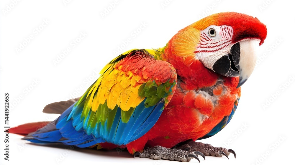 Obraz premium A colorful parrot resting on its feet, isolated on white