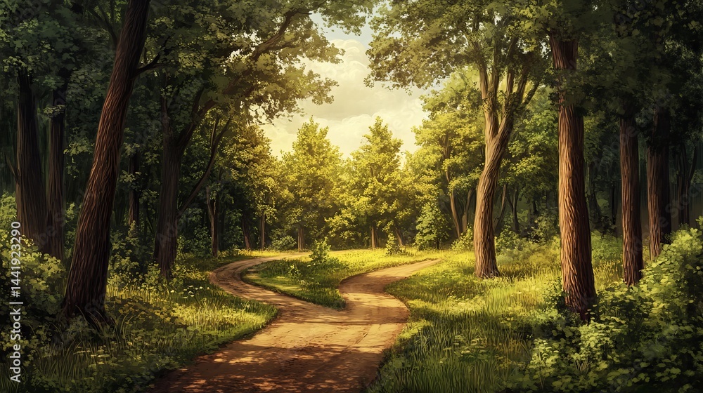 Fototapeta premium Serene summer forest path winding through lush green trees road soil dirt calm woods trail rural