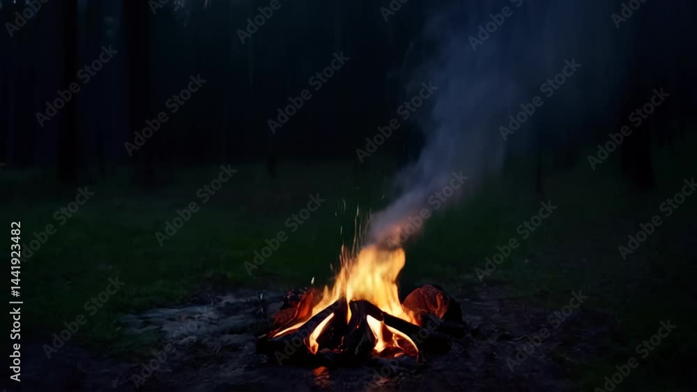 Night bonfire burning brightly in a dark forest, concept for camping, adventure, and nature photography Night bonfire burning brightly in a dark forest, concept for camping, adventure, and nature photography
