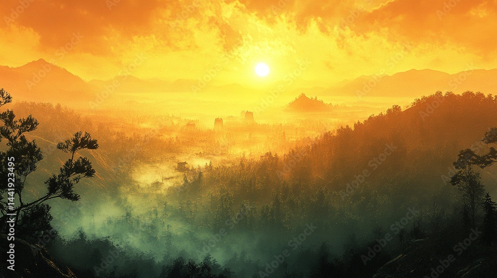 Fototapeta premium Magnificent sunset over misty mountains, panoramic view in golden light, dramatic peaks in warm glow, stunning natural scenery of mist covering hills at dusk.