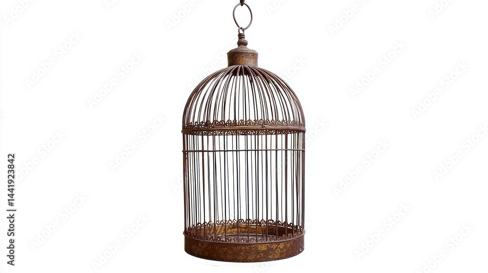 A decorative empty birdcage hanging from a stand, isolated on white A decorative empty birdcage hanging from a stand, isolated on white