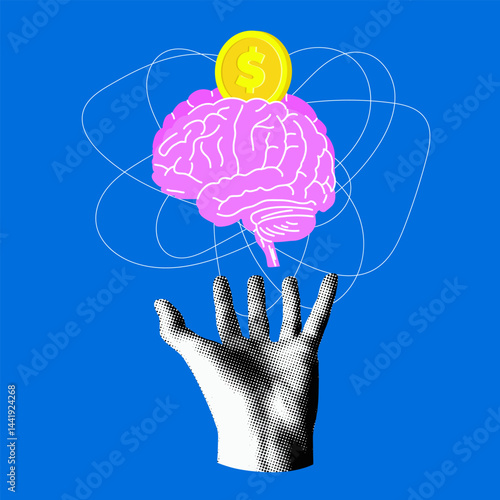 Halftone hand controls brain with coin inside. Intelligence, knowledge concept. Investments in business. Idea for making money. Modern collage. Financial and economic success
