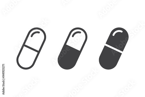 Capsule vector icon. Pills vector icon set. Pharmaceutical capsule symbol. Antibiotic drug tablet medicine icon in black color.