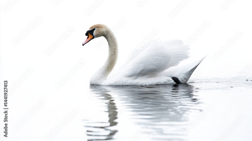 Fototapeta premium A graceful swan gliding through water, isolated on a white background.