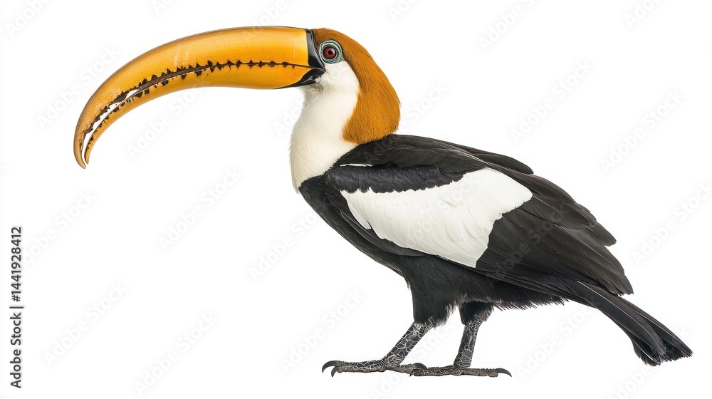 Obraz premium A great hornbill standing with a large curved beak, on white