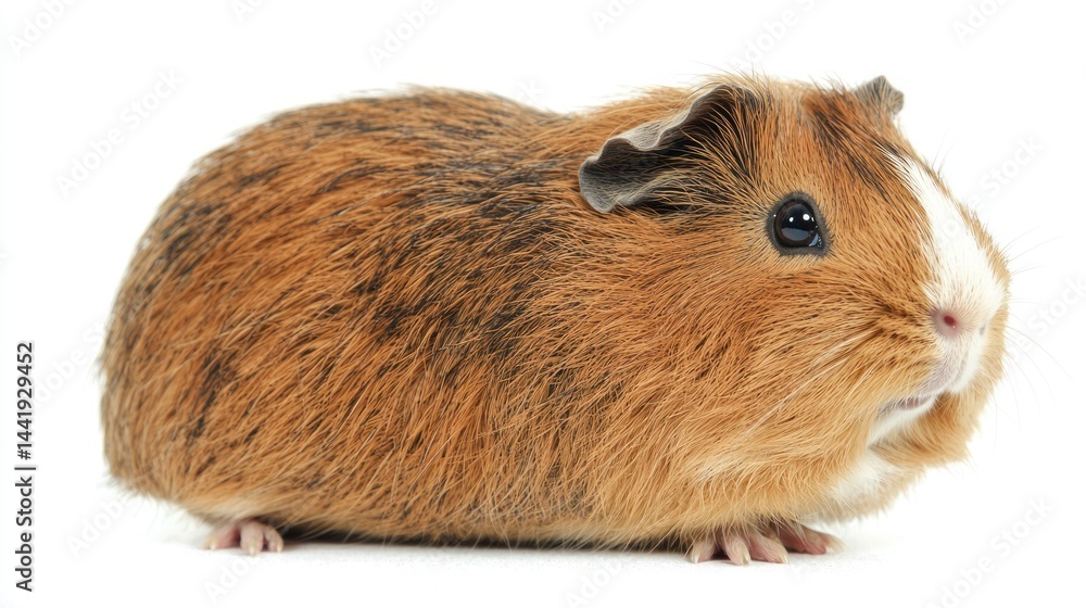 A guinea pig standing with soft fur, against a white background A guinea pig standing with soft fur, against a white background