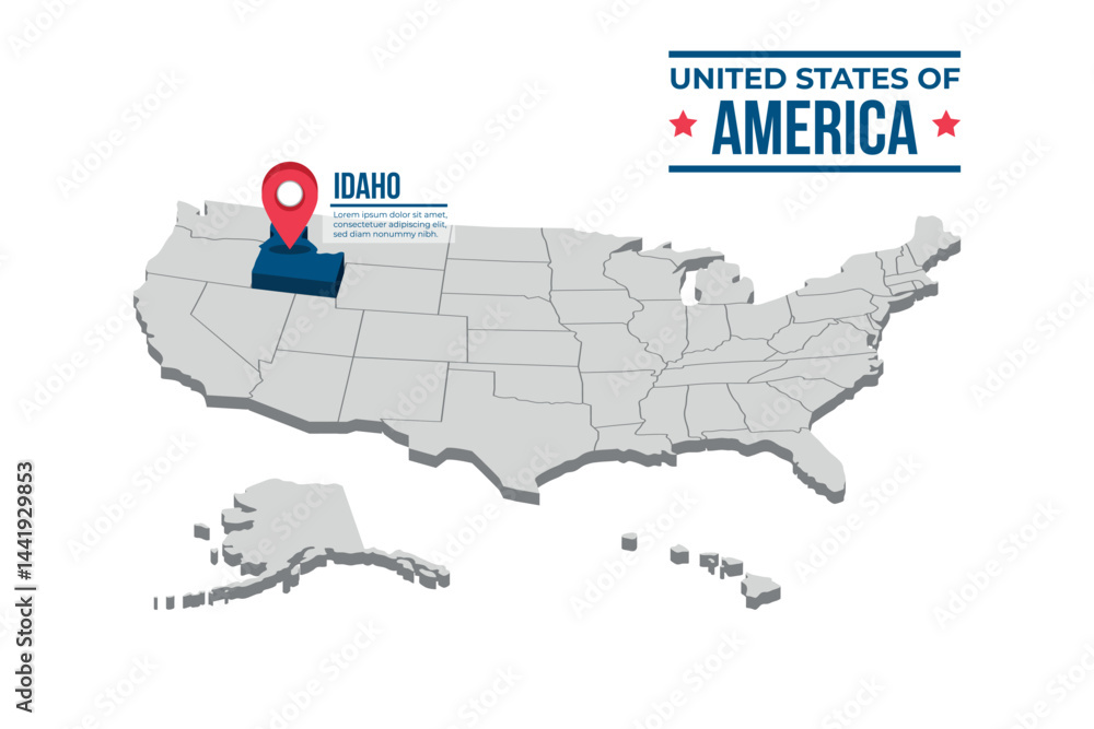 Obraz premium Idaho Highlighted On A 3D Map Of The United States Of America