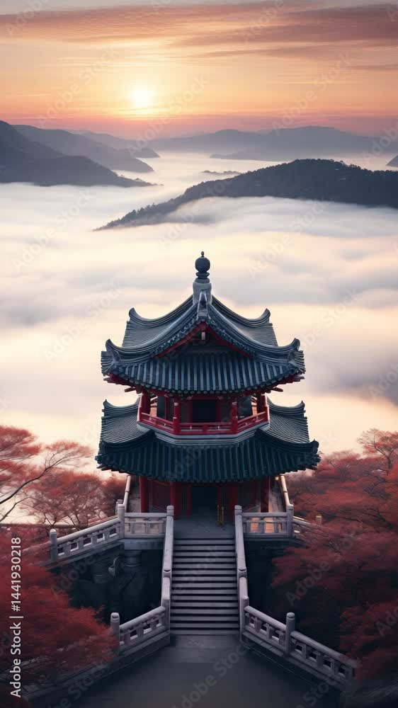 custom made wallpaper toronto digitalA stunning pagoda overlooks misty mountains at sunrise, surrounded by vibrant autumn foliage.