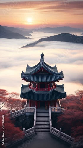 Wallpaper Mural A stunning pagoda overlooks misty mountains at sunrise, surrounded by vibrant autumn foliage. Torontodigital.ca