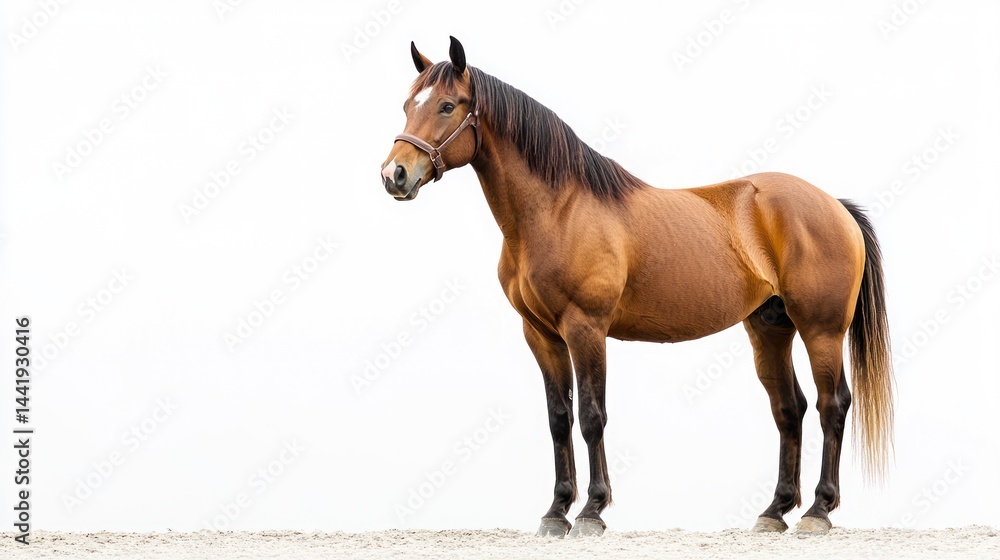 Obraz premium A horse standing proudly with its mane flowing, against white