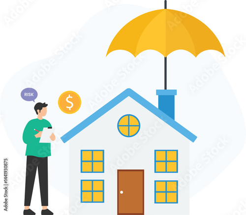 Insurance agent evaluating house risk, thinking about risk and money, with a big yellow umbrella covering the house, representing home insurance and protection

