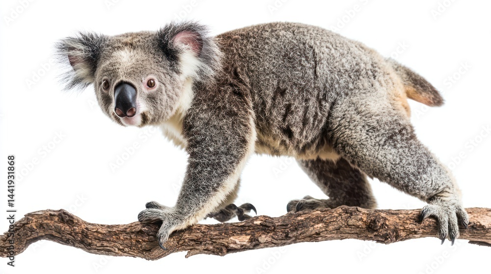Fototapeta premium A koala standing on all fours, looking forward, isolated on white