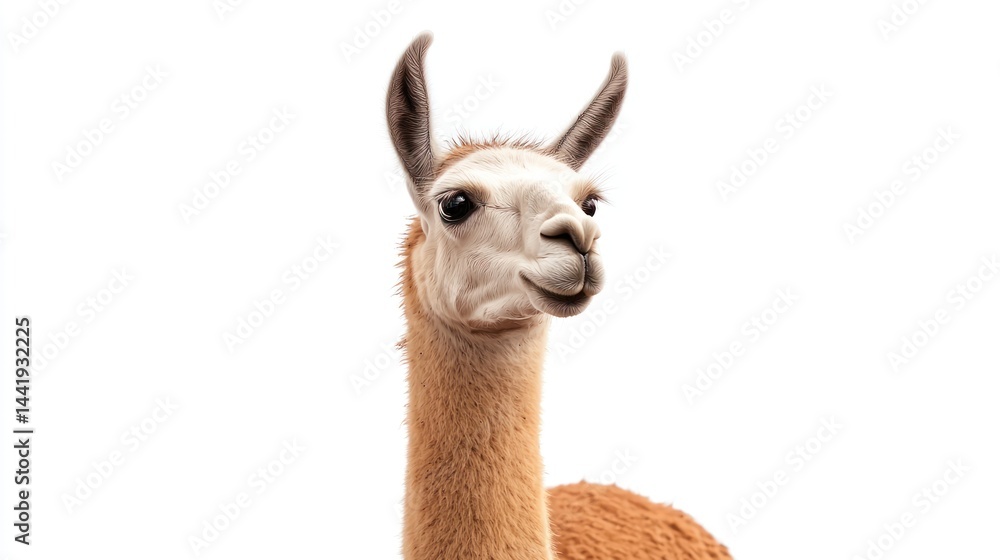 A llama standing tall with a curious expression, on a white backdrop A llama standing tall with a curious expression, on a white backdrop