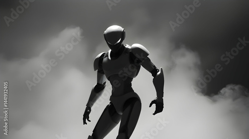 Futuristic robot emerging from hazy skies