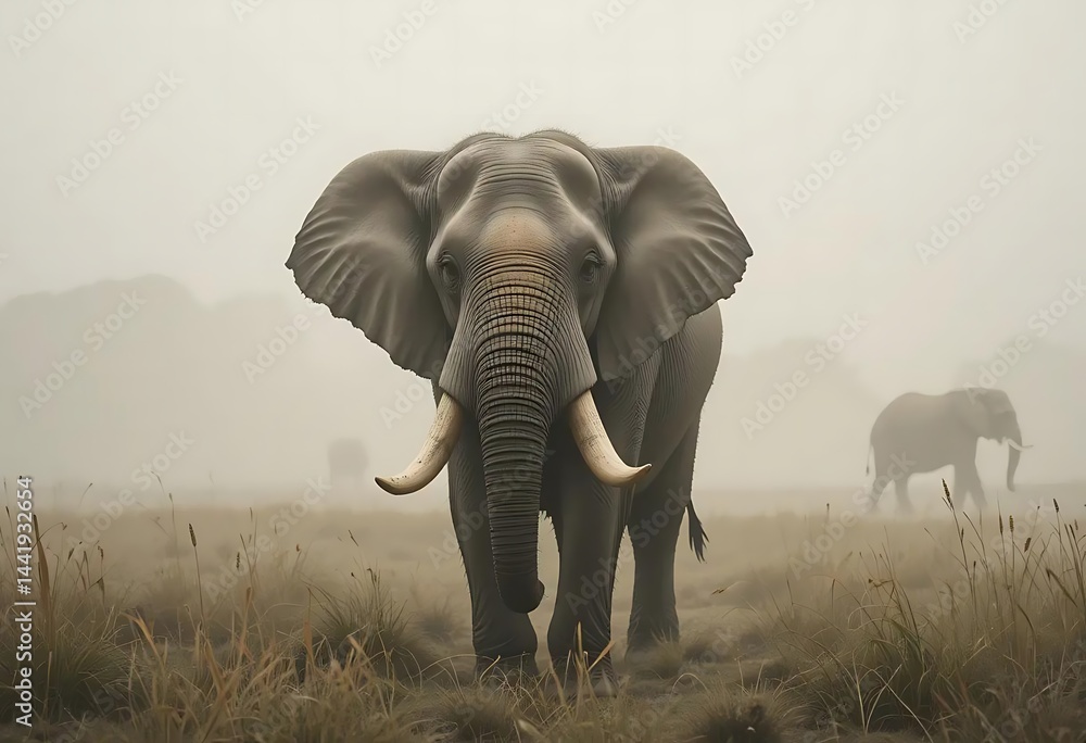 Obraz premium Majestic Elephant in Misty Meadow: A Serene Wildlife Painting
