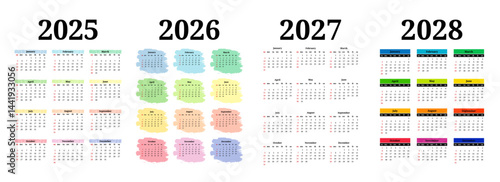 Set of calendars for 2025, 2026, 2027 and 2028 on a white background