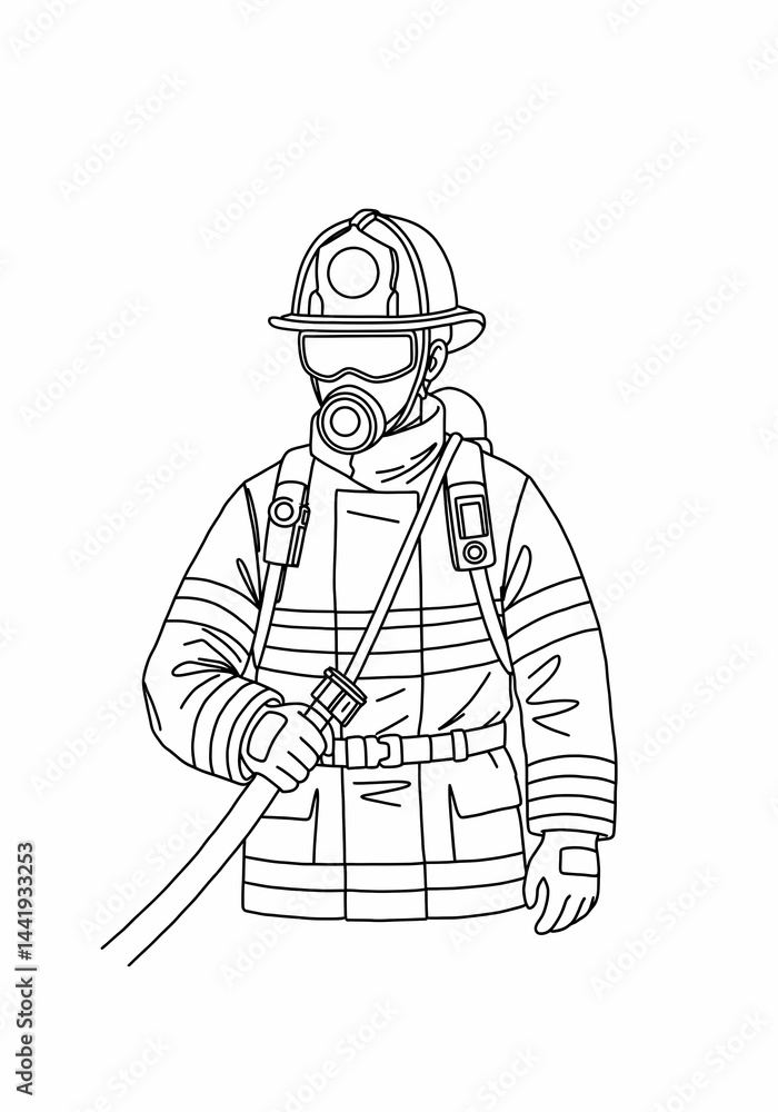 Fototapeta premium Firefighter Holding Hose Line Art Illustration on White