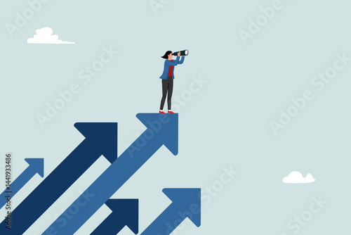 Business vision and target, Business woman holding telescope standing on blue arrow sign towards success in career. Business concept, Achievement, Character, Leader, Vector illustration.