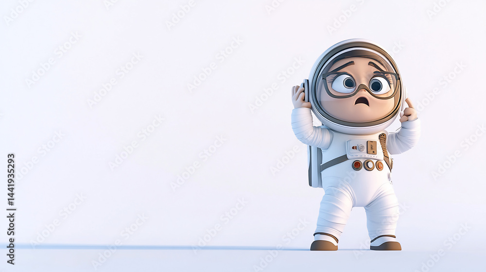 Cartoon astronaut girl in spacesuit looks thoughtful, against white background. Cartoon astronaut girl in spacesuit looks thoughtful, against white background.