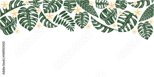 Tropical leaves and flower decoration illustration. Summer and resort natural pattern. Vector illustration.