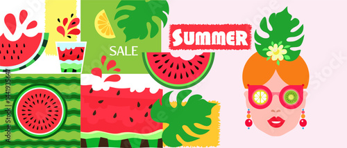 Pretty women, summer girl in cartoon style concept design, modern abstract background