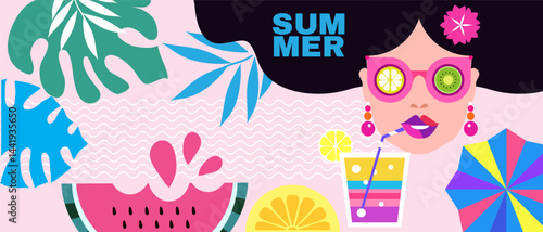 Pretty women, summer girl in cartoon style concept design, modern abstract background Vector cute flat illustration