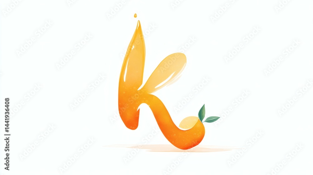 Obraz premium Letter K formed with Orange Juice, Small orange with leaves on white background